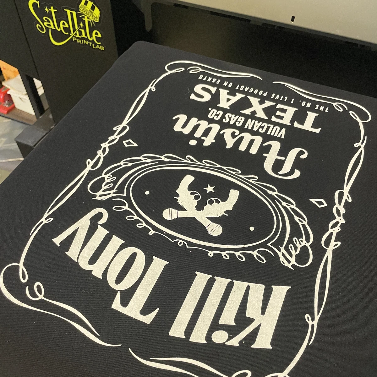 Black Kill Tony custom printed T-shirt produced in Austin